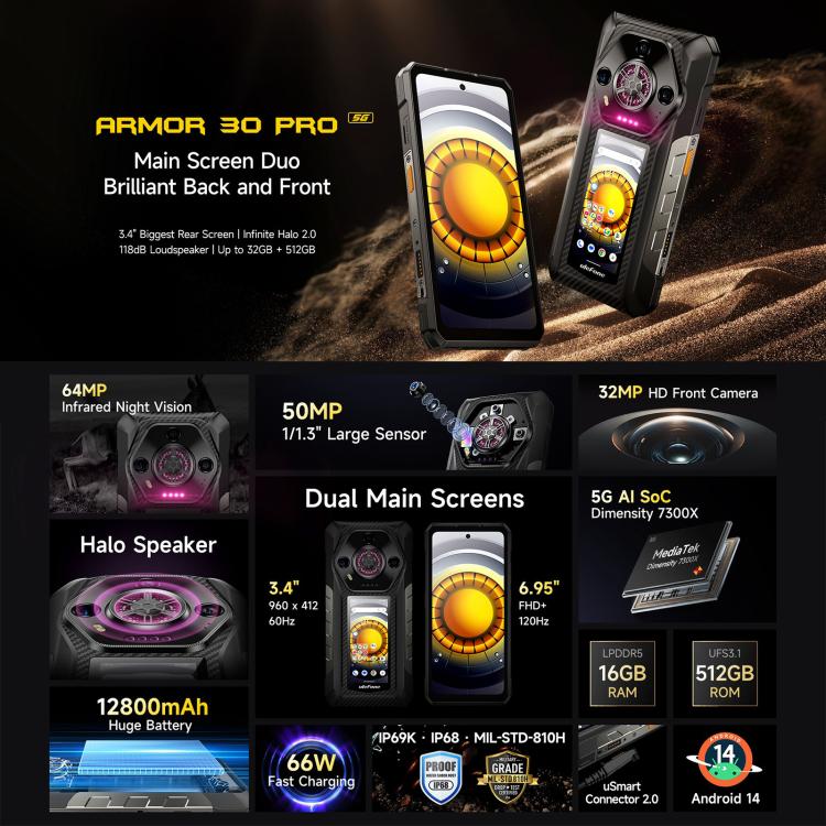 Ulefone Armor 30 Pro Rugged Phone, 16GB+512GB, Night Vision, 6.95 inch + 3.4 inch Dual Screen Android 14 MediaTek Dimensity 7300X Octa Core, Network: 5G, OTG, NFC Ulefone Armor 30 Pro Rugged Phone, 16GB+512GB, Night Vision, 6.95 inch + 3.4 inch Dual Screen Android 14 MediaTek Dimensity 7300X Octa Core, Network: 5G, OTG, NFC
